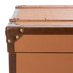 Table basse Malle de voyage en Cognac / Marron / Noir / Crème / Beige avec couvercle coulissant, casier à vin et roulettes