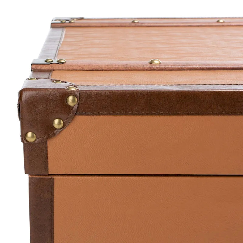 Table basse Malle de voyage en Cognac / Marron / Noir / Crème / Beige avec couvercle coulissant, casier à vin et roulettes
