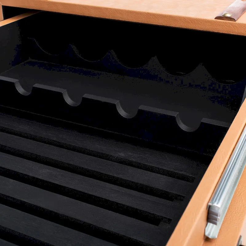 Table basse Malle de voyage en Cognac / Marron / Noir / Crème / Beige avec couvercle coulissant, casier à vin et roulettes