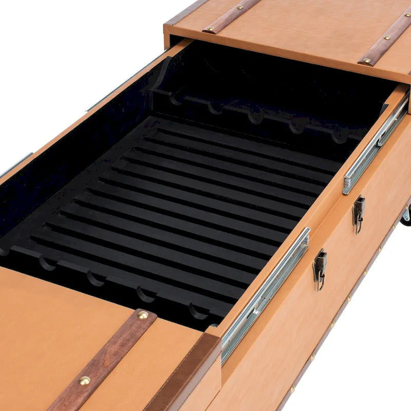 Table basse Malle de voyage en Cognac / Marron / Noir / Crème / Beige avec couvercle coulissant, casier à vin et roulettes