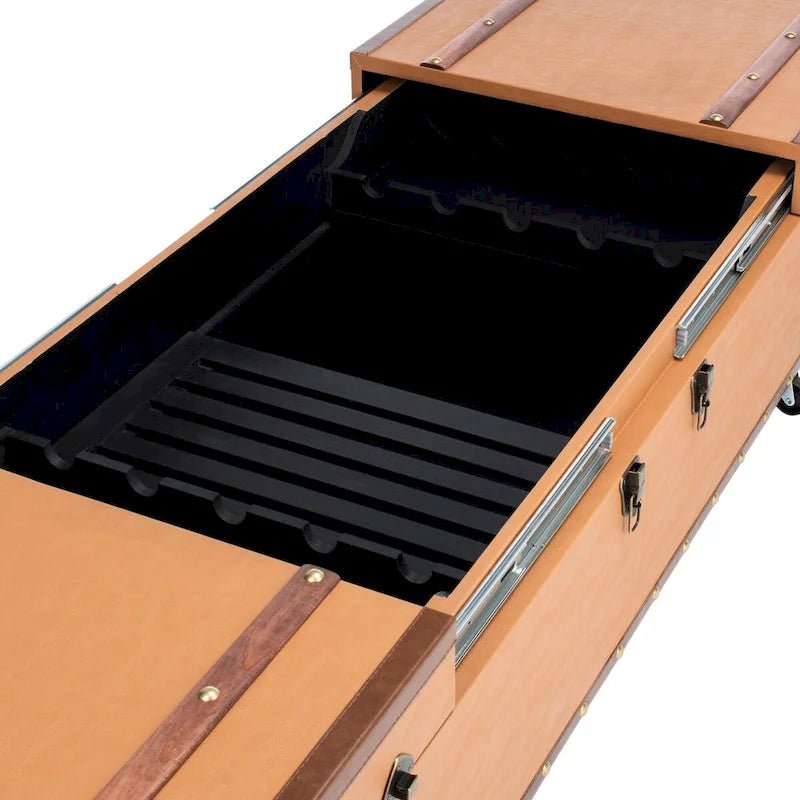 Table basse Malle de voyage en Cognac / Marron / Noir / Crème / Beige avec couvercle coulissant, casier à vin et roulettes