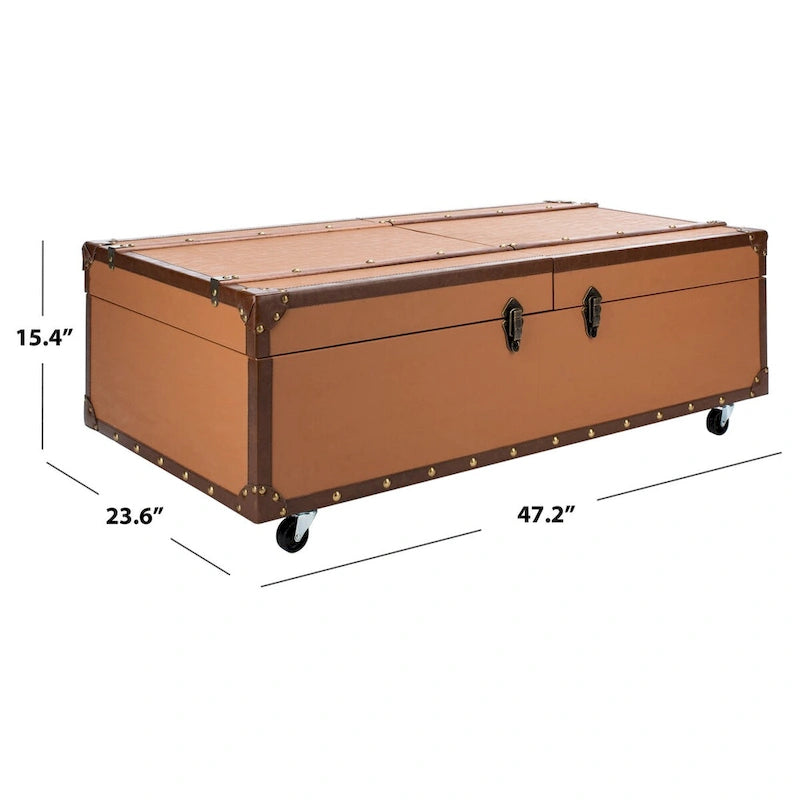 Table basse Malle de voyage en Cognac / Marron / Noir / Crème / Beige avec couvercle coulissant, casier à vin et roulettes
