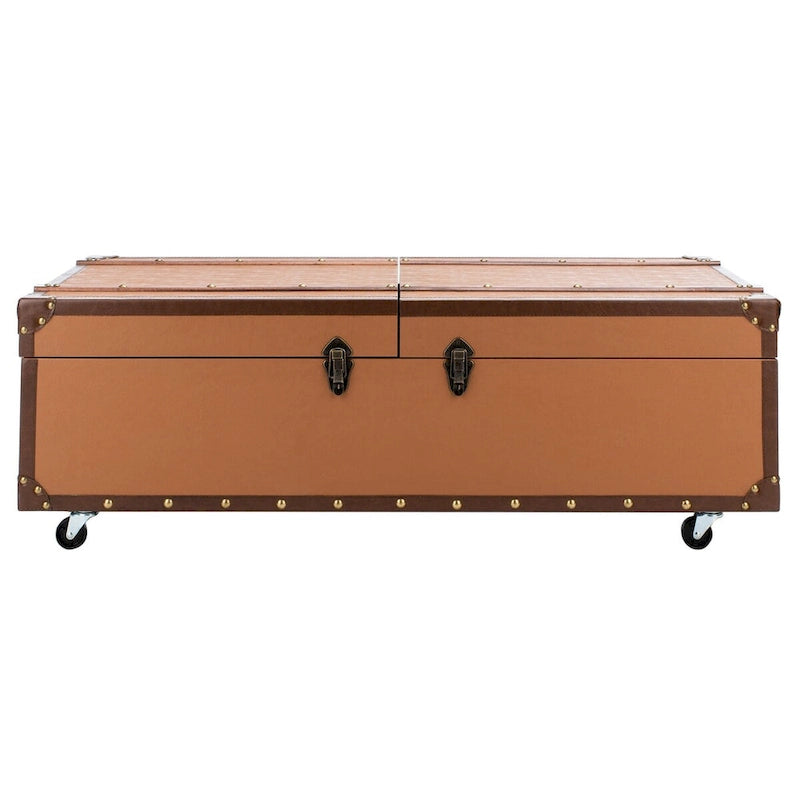 Table basse Malle de voyage en Cognac / Marron / Noir / Crème / Beige avec couvercle coulissant, casier à vin et roulettes
