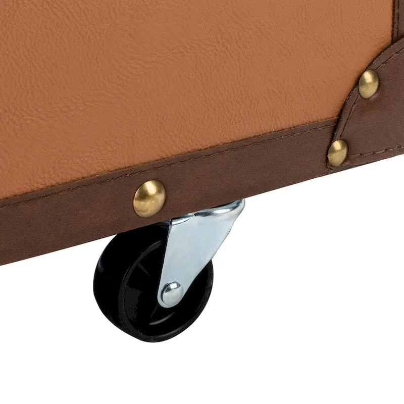 Table basse Malle de voyage en Cognac / Marron / Noir / Crème / Beige avec couvercle coulissant, casier à vin et roulettes