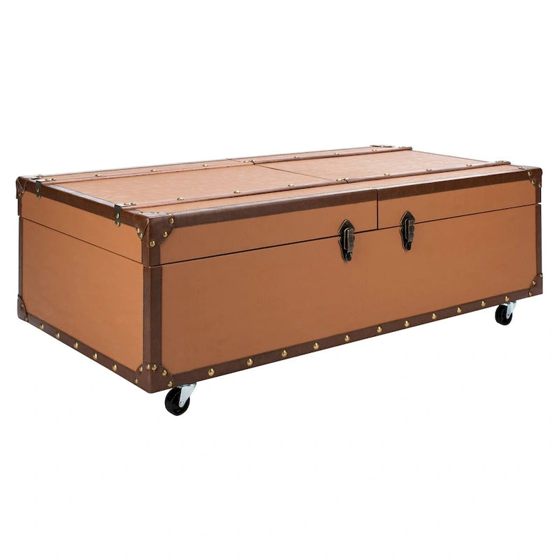 Table basse Malle de voyage en Cognac / Marron / Noir / Crème / Beige avec couvercle coulissant, casier à vin et roulettes