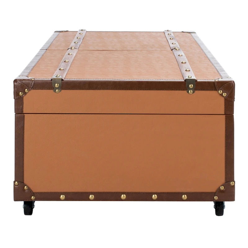 Table basse Malle de voyage en Cognac / Marron / Noir / Crème / Beige avec couvercle coulissant, casier à vin et roulettes