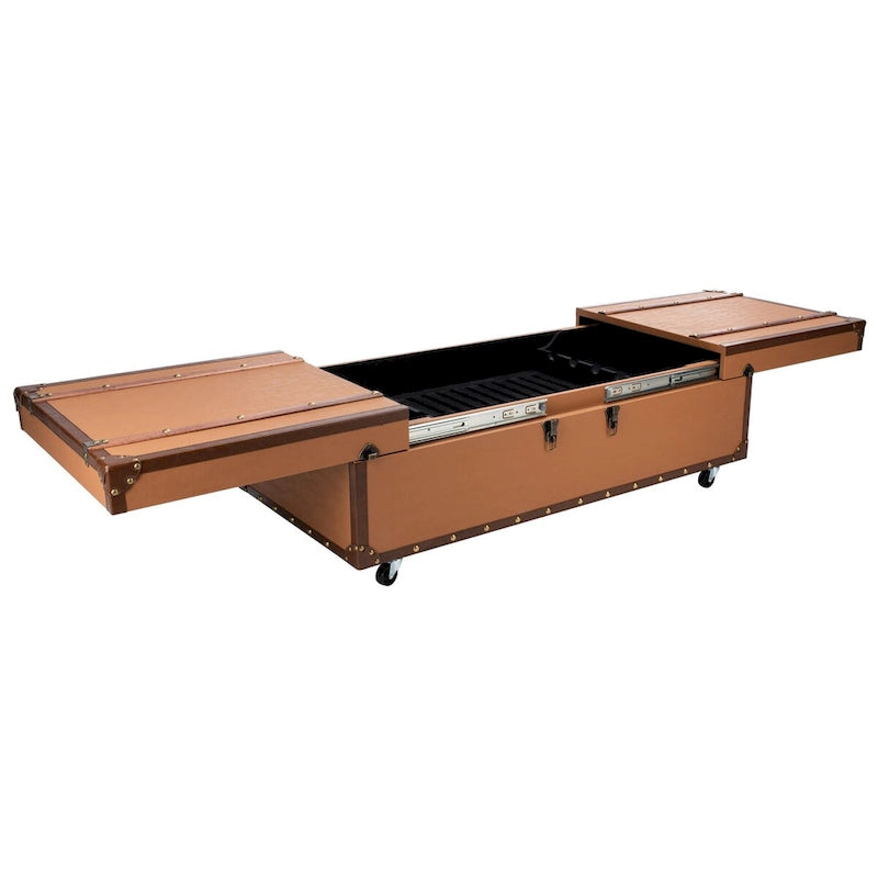 Table basse Malle de voyage en Cognac / Marron / Noir / Crème / Beige avec couvercle coulissant, casier à vin et roulettes