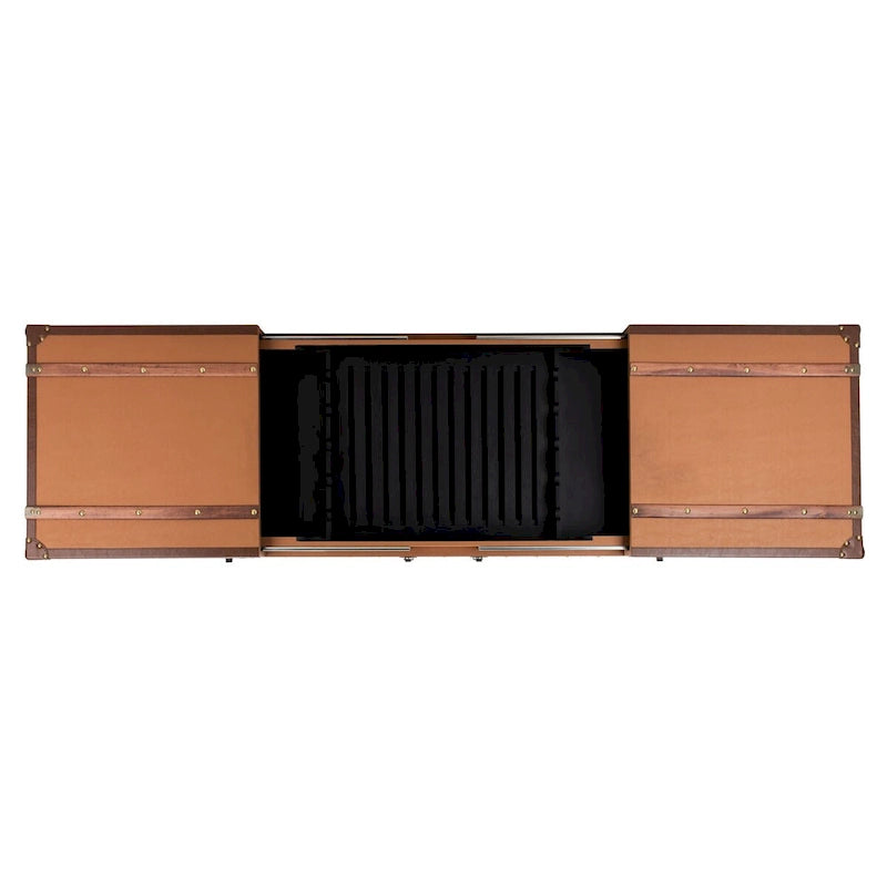 Table basse Malle de voyage en Cognac / Marron / Noir / Crème / Beige avec couvercle coulissant, casier à vin et roulettes
