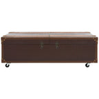 Table basse Malle de voyage en Cognac / Marron / Noir / Crème / Beige avec couvercle coulissant, casier à vin et roulettes