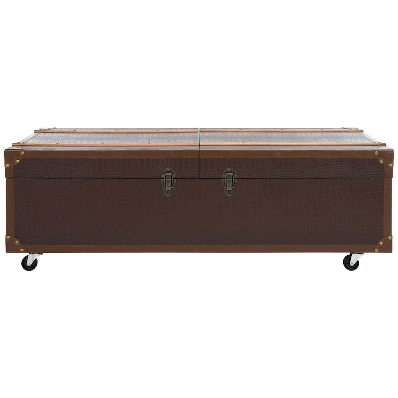 Table basse Malle de voyage en Cognac / Marron / Noir / Crème / Beige avec couvercle coulissant, casier à vin et roulettes