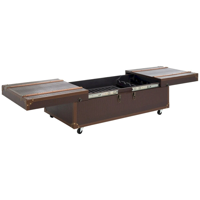 Table basse Malle de voyage en Cognac / Marron / Noir / Crème / Beige avec couvercle coulissant, casier à vin et roulettes