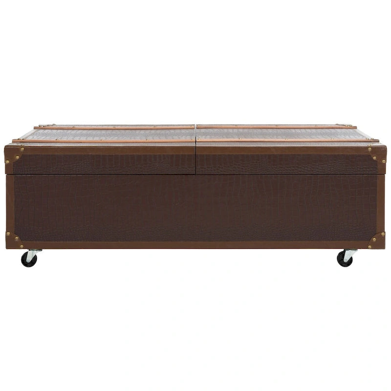 Table basse Malle de voyage en Cognac / Marron / Noir / Crème / Beige avec couvercle coulissant, casier à vin et roulettes