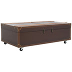 Table basse Malle de voyage en Cognac / Marron / Noir / Crème / Beige avec couvercle coulissant, casier à vin et roulettes