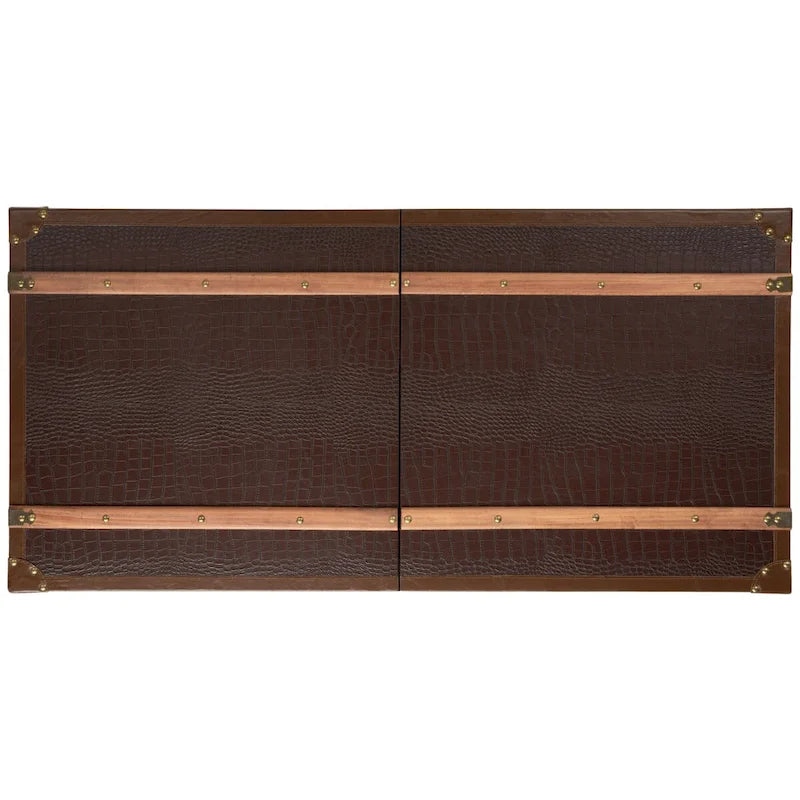 Table basse Malle de voyage en Cognac / Marron / Noir / Crème / Beige avec couvercle coulissant, casier à vin et roulettes