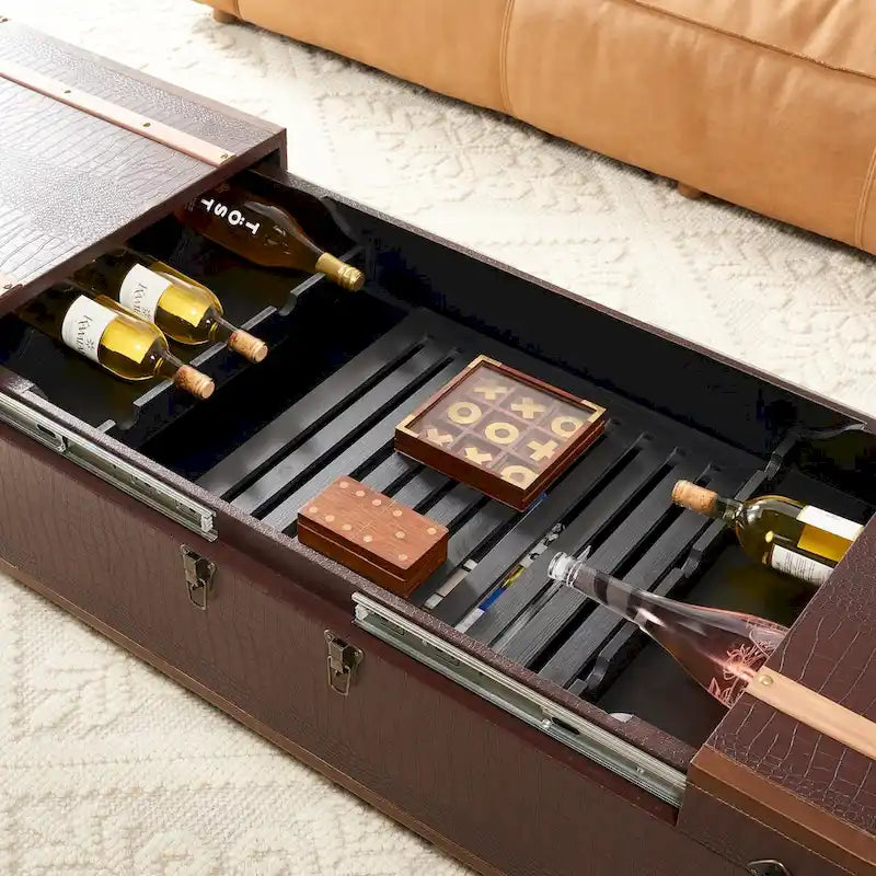 Table basse Malle de voyage en Cognac / Marron / Noir / Crème / Beige avec couvercle coulissant, casier à vin et roulettes