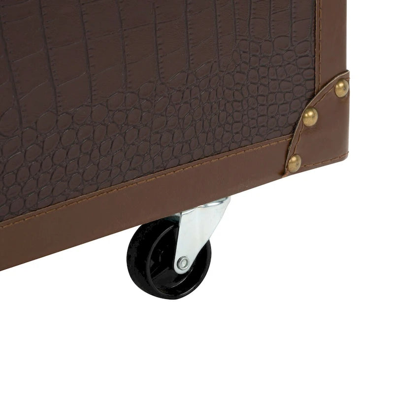 Table basse Malle de voyage en Cognac / Marron / Noir / Crème / Beige avec couvercle coulissant, casier à vin et roulettes
