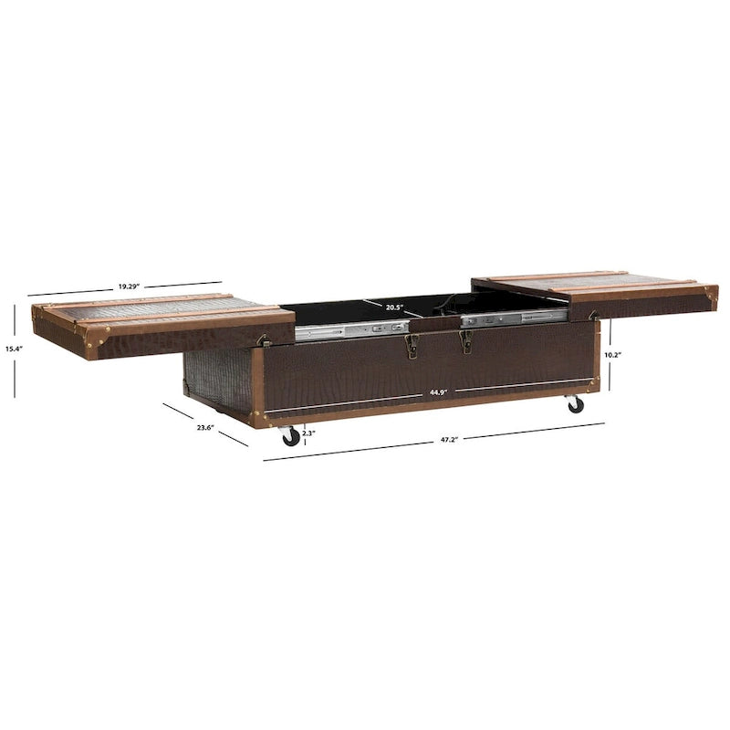 Table basse Malle de voyage en Cognac / Marron / Noir / Crème / Beige avec couvercle coulissant, casier à vin et roulettes