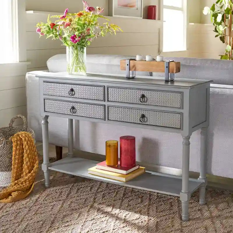 Console 4 tiroirs à détails sculptés – Blanc / Gris mastic / Noir / Gris vieilli – 42 po