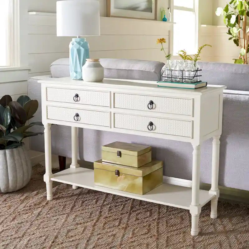 Console 4 tiroirs à détails sculptés – Blanc / Gris mastic / Noir / Gris vieilli – 42 po