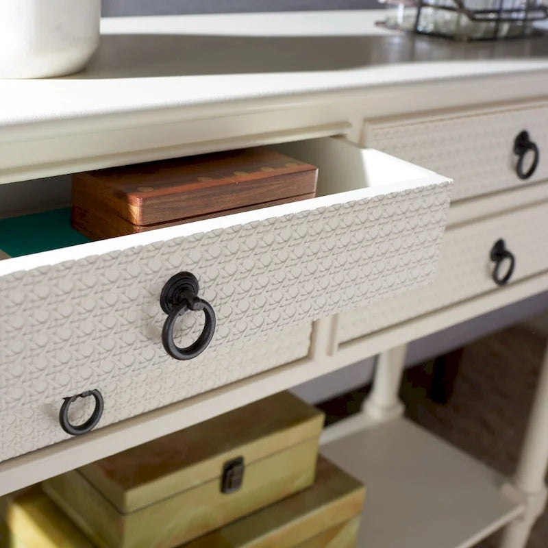 Console 4 tiroirs à détails sculptés – Blanc / Gris mastic / Noir / Gris vieilli – 42 po