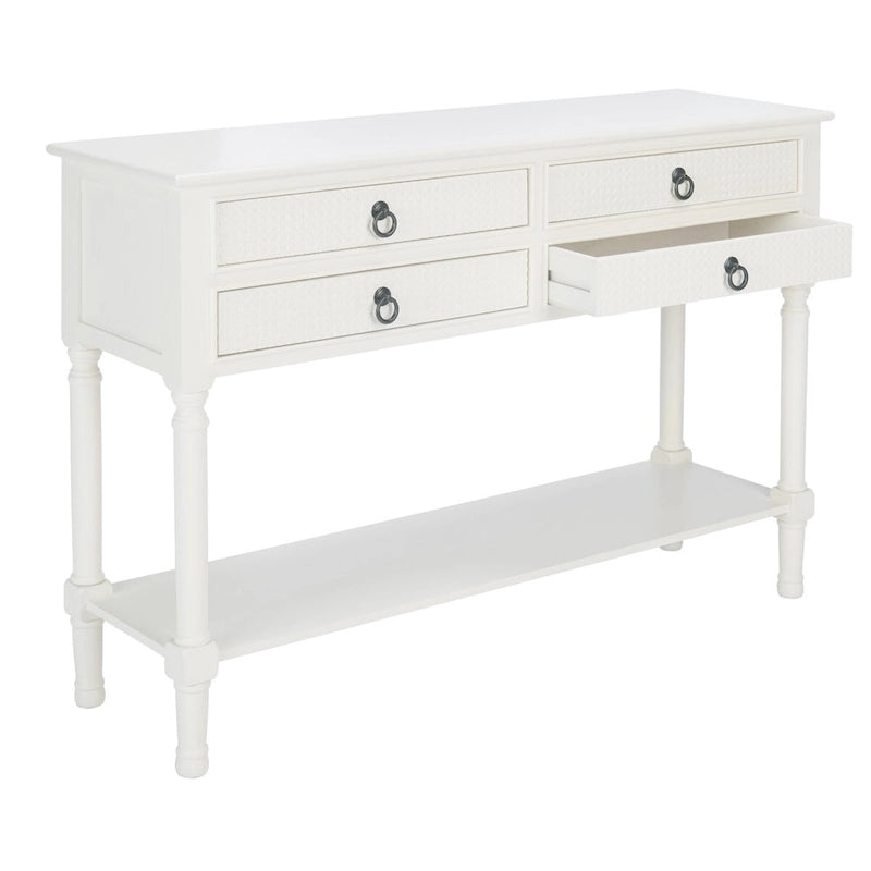 Console 4 tiroirs à détails sculptés – Blanc / Gris mastic / Noir / Gris vieilli – 42 po