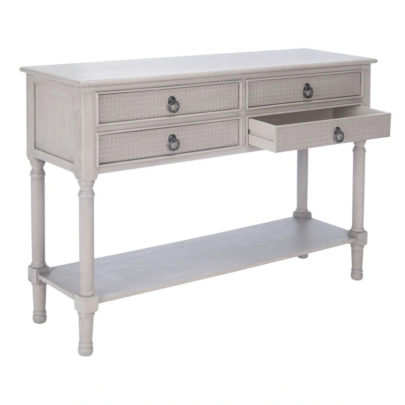 Console 4 tiroirs à détails sculptés – Blanc / Gris mastic / Noir / Gris vieilli – 42 po