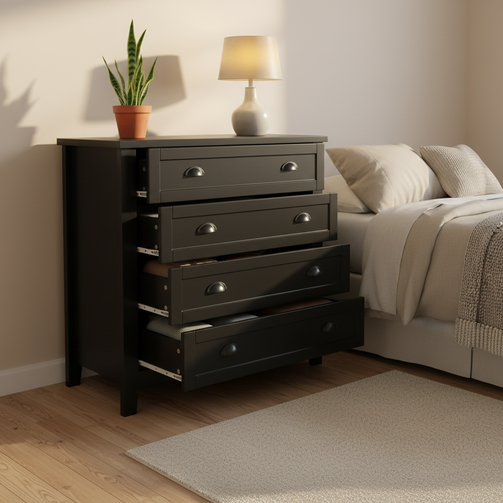 Commode de rangement à 4 tiroirs bleue/noire avec poignées coquillage – Simple