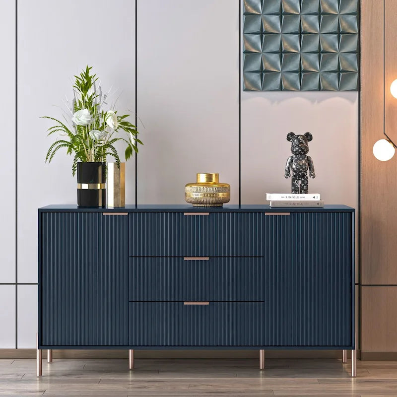 Meuble de rangement MDF Off White / Noir / Bleu marine avec pieds en métal et étagère réglable – 58 po