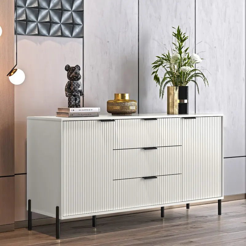 Meuble de rangement MDF Off White / Noir / Bleu marine avec pieds en métal et étagère réglable – 58 po