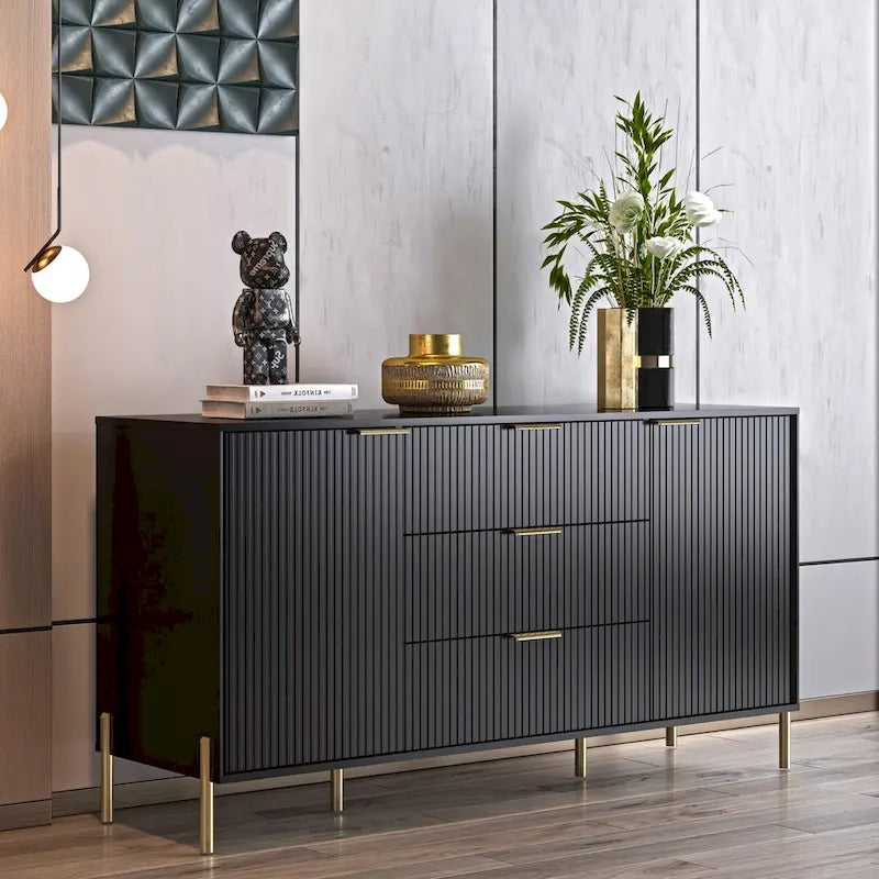 Meuble de rangement MDF Off White / Noir / Bleu marine avec pieds en métal et étagère réglable – 58 po