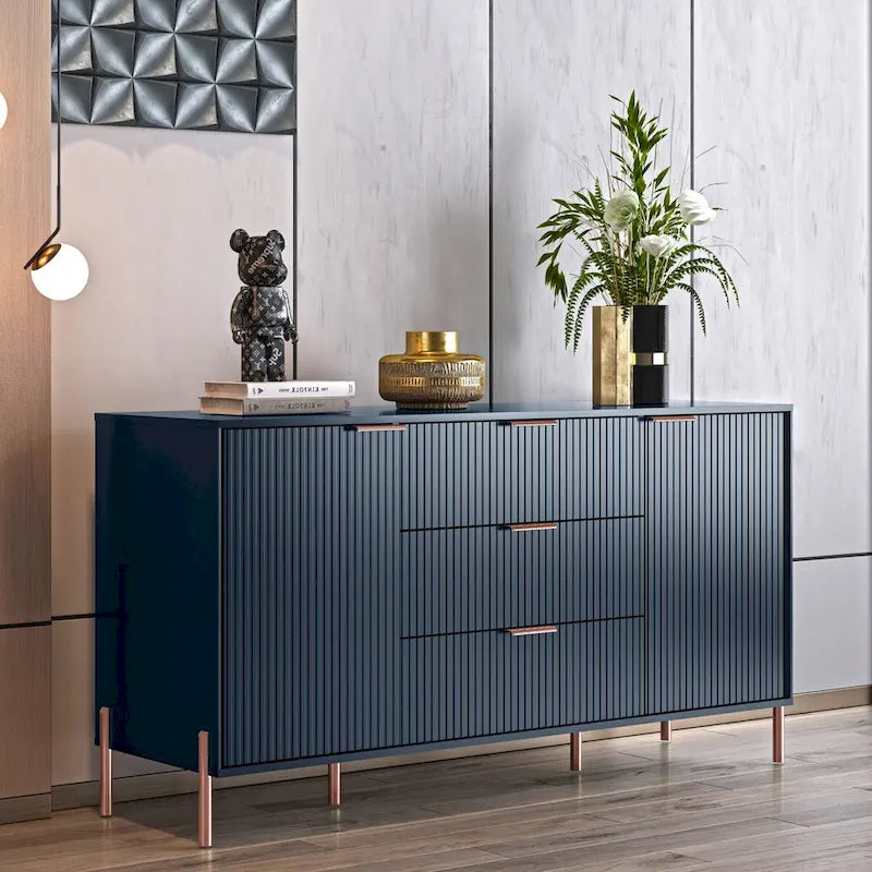 Meuble de rangement MDF Off White / Noir / Bleu marine avec pieds en métal et étagère réglable – 58 po