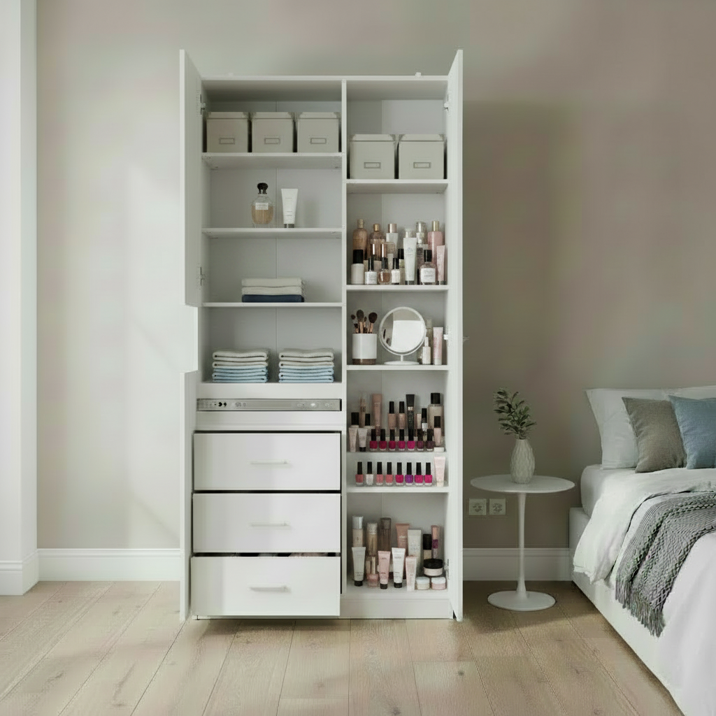Coiffeuse avec éclairage LED blanc, miroir pleine longueur et 4 tiroirs – Simple