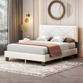Cadre de lit plateforme Queen tapissé de velours beige/bleu avec tête de lit rivetée et lattes en bois