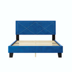 Cadre de lit plateforme Queen tapissé de velours beige/bleu avec tête de lit rivetée et lattes en bois