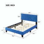 Cadre de lit plateforme Queen tapissé de velours beige/bleu avec tête de lit rivetée et lattes en bois