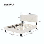 Cadre de lit plateforme Queen tapissé de velours beige/bleu avec tête de lit rivetée et lattes en bois