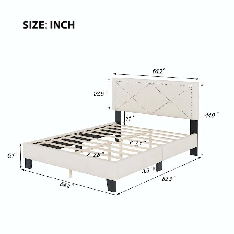 Cadre de lit plateforme Queen tapissé de velours beige/bleu avec tête de lit rivetée et lattes en bois