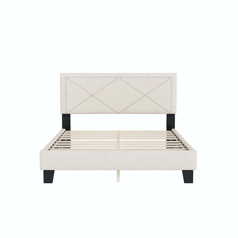 Cadre de lit plateforme Queen tapissé de velours beige/bleu avec tête de lit rivetée et lattes en bois