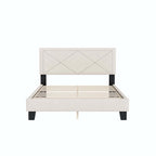 Cadre de lit plateforme Queen tapissé de velours beige/bleu avec tête de lit rivetée et lattes en bois