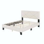 Cadre de lit plateforme Queen tapissé de velours beige/bleu avec tête de lit rivetée et lattes en bois