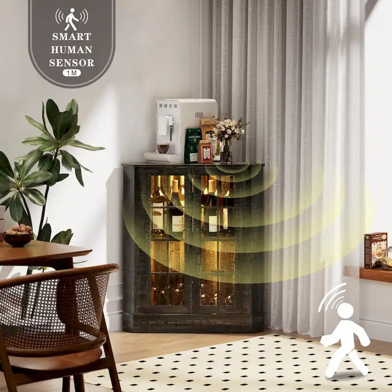 Meuble d'angle de rangement en MDF noir/blanc avec lumières LED, 2 tiroirs, 4 placards et prises USB-C + AC – Simple