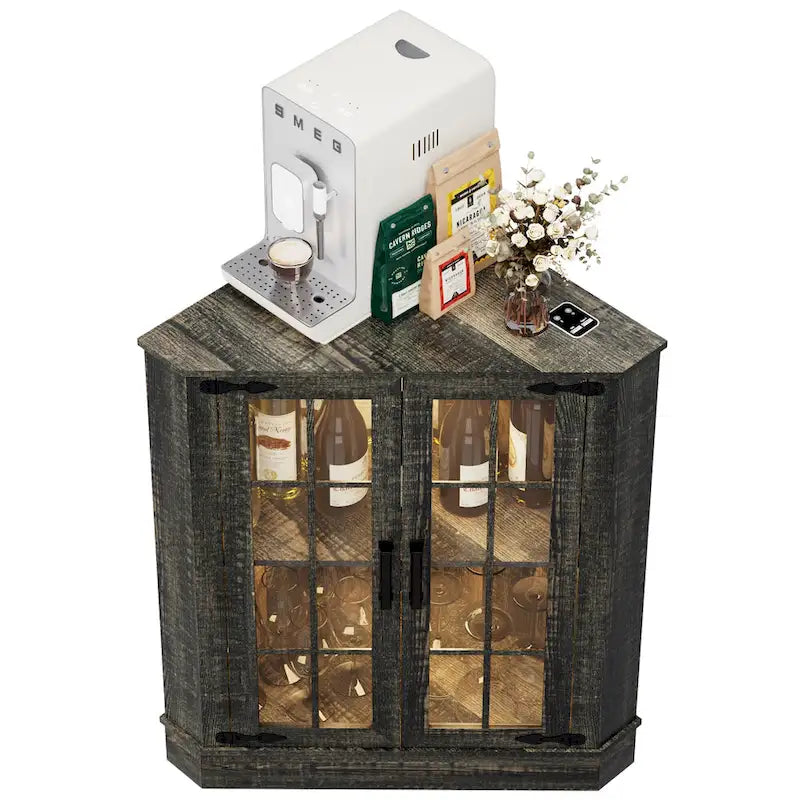 Meuble d'angle de rangement en MDF noir/blanc avec lumières LED, 2 tiroirs, 4 placards et prises USB-C + AC – Simple