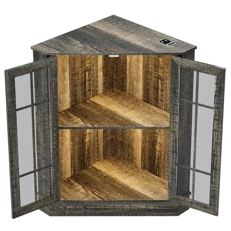 Meuble d'angle de rangement en MDF noir/blanc avec lumières LED, 2 tiroirs, 4 placards et prises USB-C + AC – Simple
