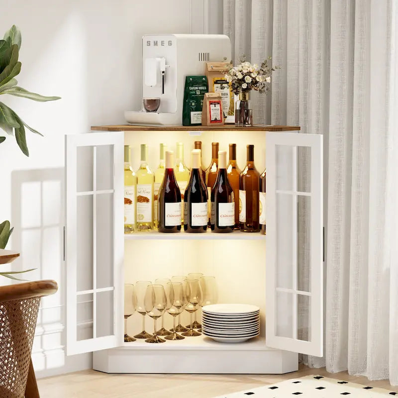 Meuble d'angle de rangement en MDF noir/blanc avec lumières LED, 2 tiroirs, 4 placards et prises USB-C + AC – Simple