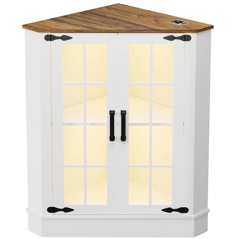 Meuble d'angle de rangement en MDF noir/blanc avec lumières LED, 2 tiroirs, 4 placards et prises USB-C + AC – Simple