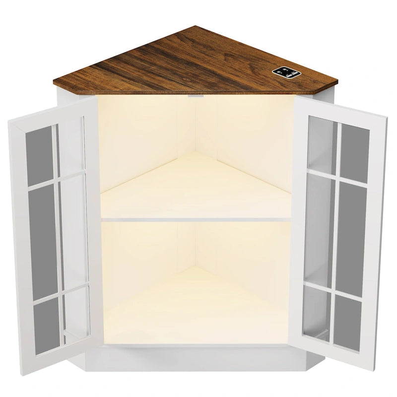Meuble d'angle de rangement en MDF noir/blanc avec lumières LED, 2 tiroirs, 4 placards et prises USB-C + AC – Simple