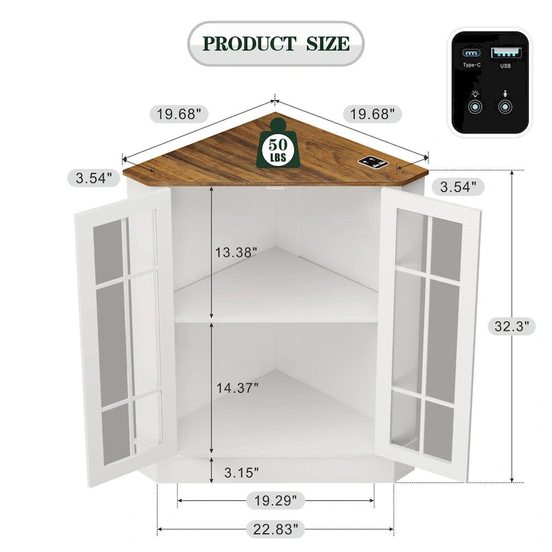 Meuble d'angle de rangement en MDF noir/blanc avec lumières LED, 2 tiroirs, 4 placards et prises USB-C + AC – Simple