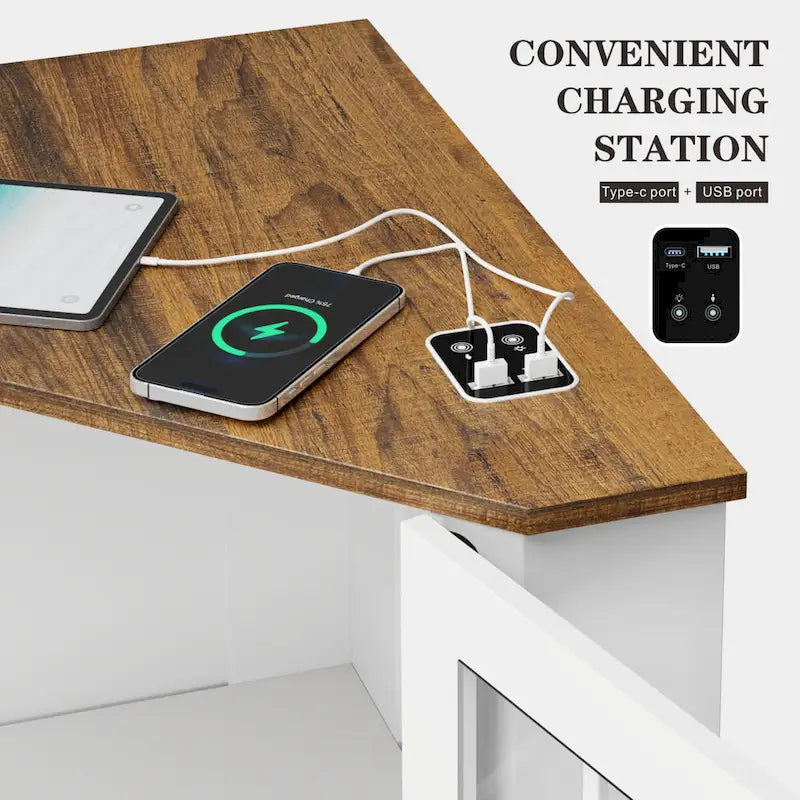 Meuble d'angle de rangement en MDF noir/blanc avec lumières LED, 2 tiroirs, 4 placards et prises USB-C + AC – Simple