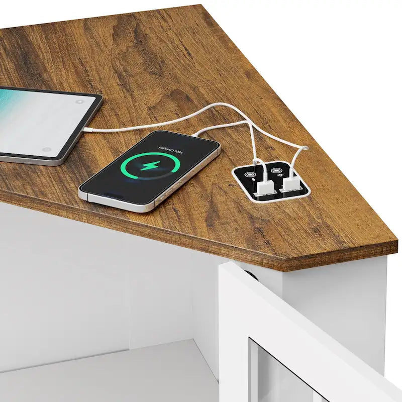Meuble d'angle de rangement en MDF noir/blanc avec lumières LED, 2 tiroirs, 4 placards et prises USB-C + AC – Simple