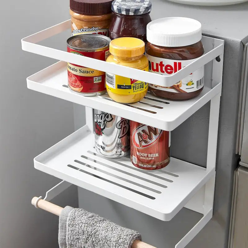 Étagère de rangement magnétique pour réfrigérateur (blanc/noir) avec porte-serviettes en papier et option de montage mural – Simple